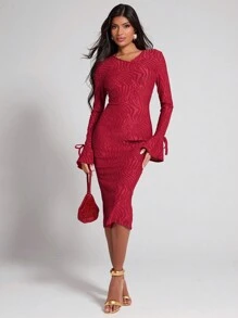COSMINA Women Solid Color V-Neck Bow Decor Elegant Long Sleeve Dress - Red - View 6