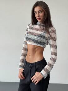 Aloruh Y2K 风格高领长袖撞色短款纹理面料女式衬衫 - 黑與白 - 查看 3