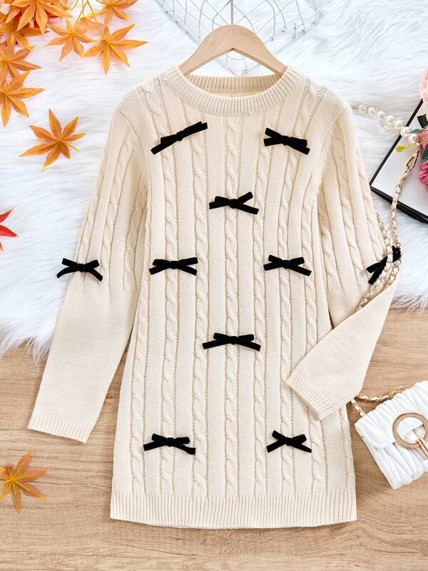 Tween-Mädchen Einfarbiges Rundhals-Langarm-Strickpulloverkleid mit Schleife, Winter, Beige