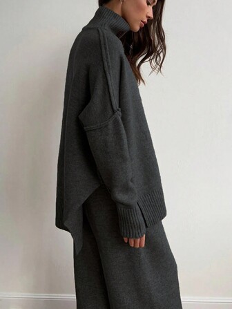 Cévolie 2st Solid höghalsad, nedsänkt axel för kvinnor Långärmad tröja och stickade byxor Casual Set, höst/vinter