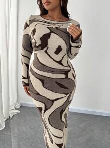 SHEIN Unity Große Größen elegantes Damen Strickkleid mit langen Ärmeln und Blumenmuster, figurbetont, für den Winter