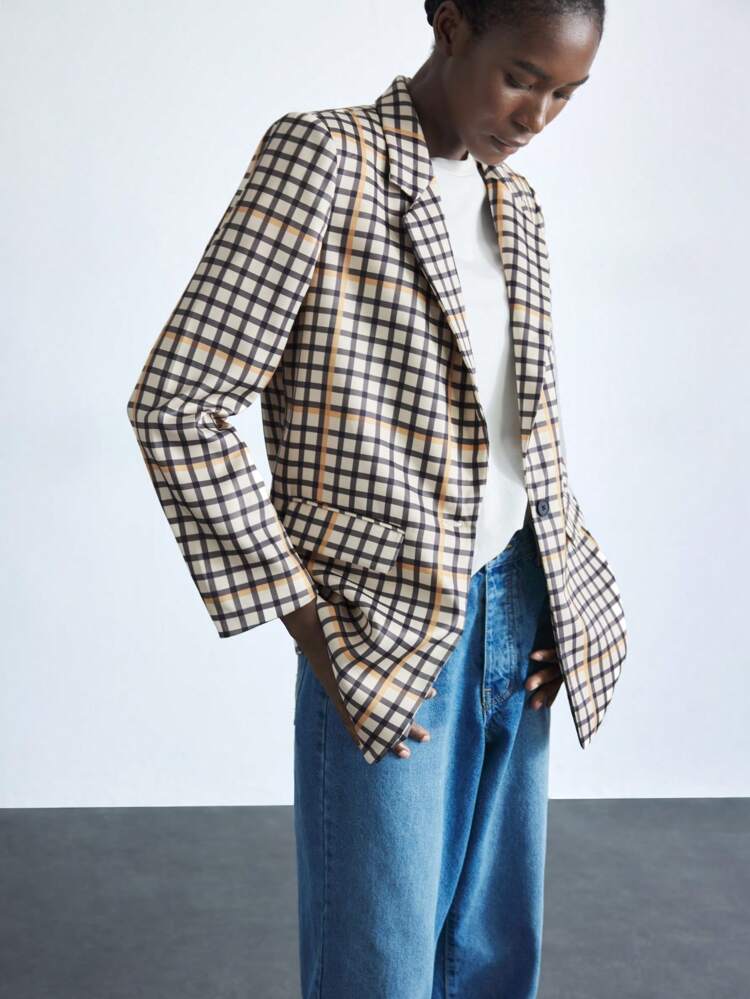 SHEIN Maija Women's Multi-Color Plaid Business Casual Blazer, Simple Minimalist Design, Lapel Collar Long Sleeve Lightweight Casual Jacket