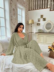 CottageSlumber Plus Size Cherry Print Spaghetti Strap Top & Pants & Robe 3pcs Loungewear Set, Cozy And Elegant Details, Clothes, Fall & Winter - Green - View 4