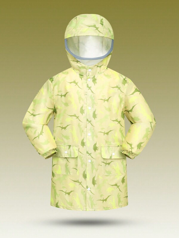 Older Boys' Fluorescent Green Simple Stylish All Over Bird Print Long Sleeve Hooded Long Raincoat