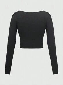 SHEIN Clasi Femmes Ensemble 2 pièces avec Top à manches longues col bateau unicolore avec design torsadé et Jupe Mini plissée