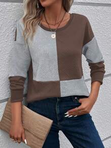 EMERY ROSE Women's Casual Contrast Color Round Neck Drop Shoulder Long Sleeve Loose Sweatshirt For Autumn Pullover Fall Outfit - Coffee Brown - View 6