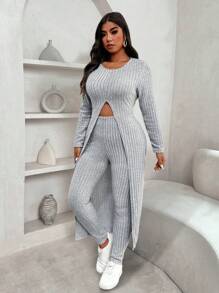 Calvaya Conjunto de 2 piezas de talla grande para mujer, camiseta larga y leggings con dobladillo dividido acanalado de unicolor, informal, para primavera y otoño