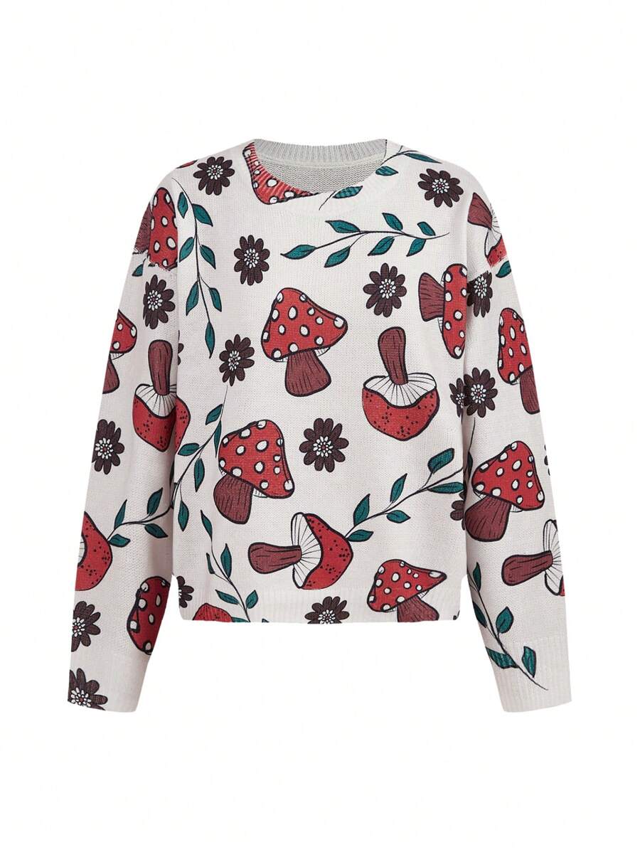Brittany Frost Designs Artist Casual Kawaii Cute Mushroom Pattern Pullover Sweater, For Holiday, Vacation, Festival, Ibiza Fits - Orange - View 1