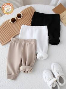 SHEIN Set di 3 pantaloni in pile per neonati maschi/femmine, colori nero, bianco, cachi, morbidi, confortevoli e caldi, adatti per ogni occasione, casual, perfetti per autunno/inverno, ideali per casa, uscite e attività sportive