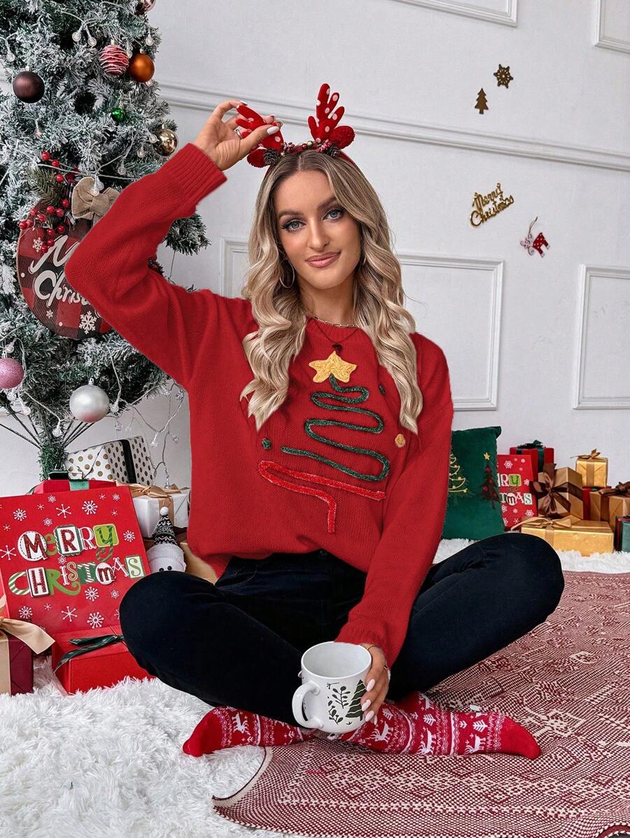 Chiquease Women European & American Christmas Vibe 3D Artsy Glittery Christmas Tree Graphic Round Neck Casual Loose Pullover Sweater Clothes, Autumn/Winter For New Year Clothes Knit Pullover Fall Outfit