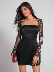 COSMINA Vestido corto elegante de manga larga con escote cuadrado, estampado floral y patchwork para mujer - Multicolor - Ver 1