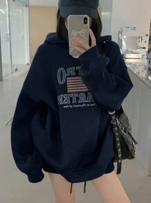 DAZY 女士连帽宽松休闲图案运动衫冬季 - 藍色 - 查看 1