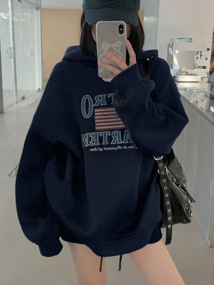 DAZY 女士连帽宽松休闲图案运动衫冬季 - 藍色 - 查看 1