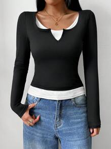 SHEIN LUNE Blusas simples de unicolor con costuras de manga larga para el ocio diario de las mujeres