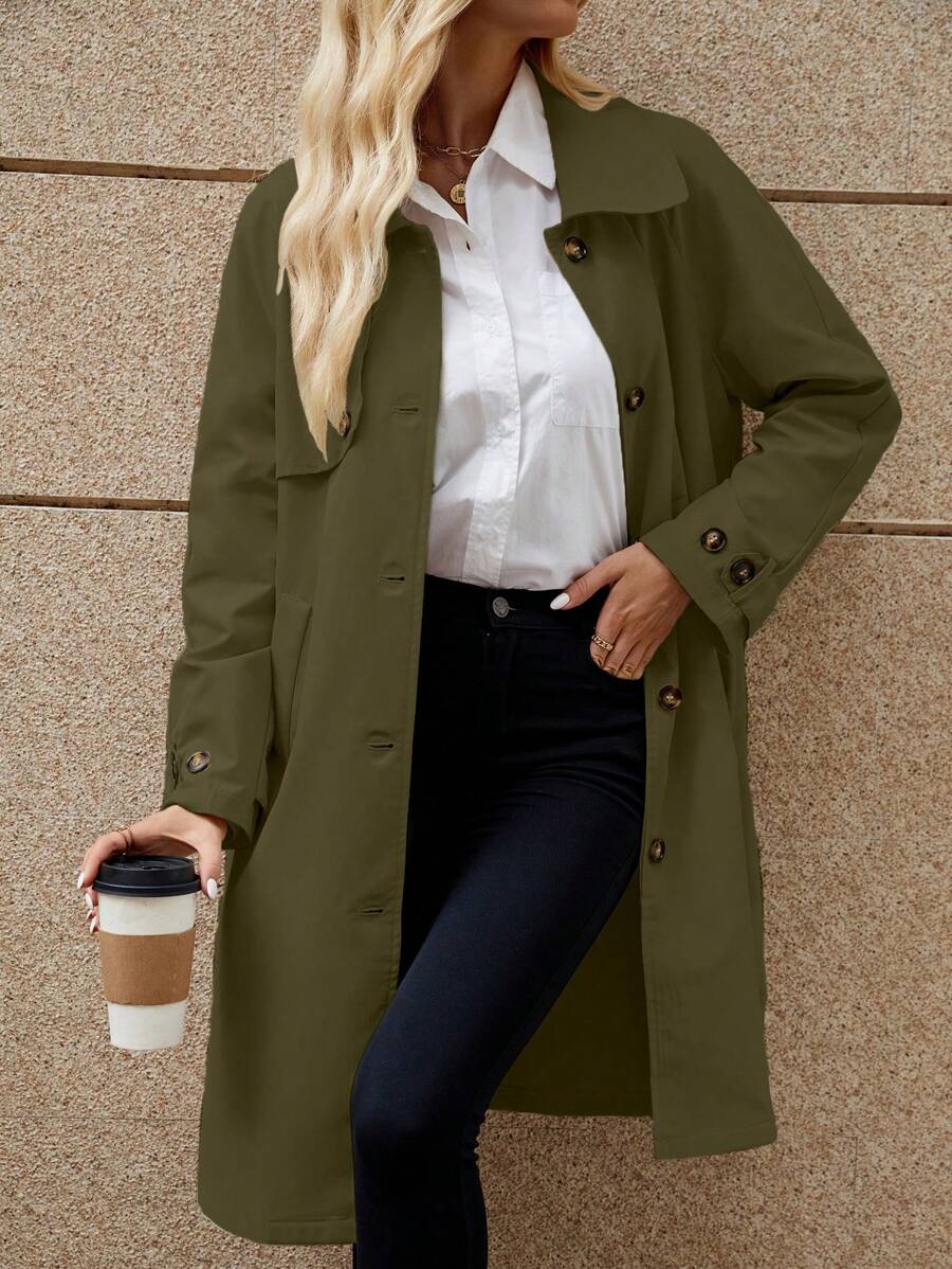 SHEIN LUNE 秋季女士休闲纯色简约风衣 - 軍綠色 - 查看 1