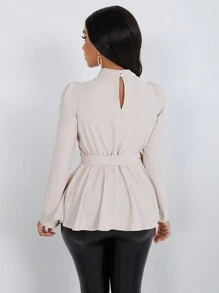 SHEIN Clasi Women Elegant Solid Puff Sleeve Tie-Wrap Shirt, Autumn Peplum Top
