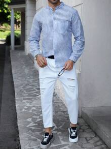 Manfinity Homme 1 pieza Camisa de algodón de corte slim con cuello mao y rayas, de manga larga, para otoño - Azul y blanco - Ver 3