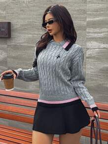 Suéter holgado de mujer con bordado y contraste de color en las mangas largas, para otoño/invierno - Gris - Ver 6