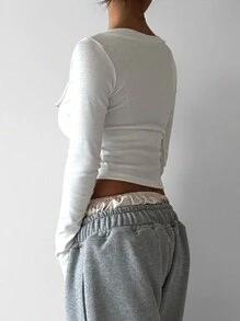 DAZY Camiseta corta de manga larga de unicolor y ajuste ceñido para mujer, informal, para otoño