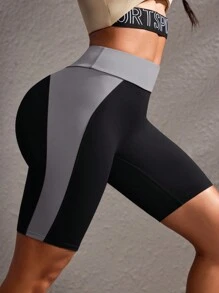 Powerista Contrast Color Stitching High Waist Seamless Sports Shorts Biker Shorts - Black - View 8