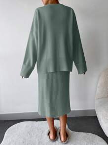 EURMUSE 2 件套女士休闲纯色圆领落肩上衣和长款中裙套装，秋季 - 薄荷綠 - 查看 2