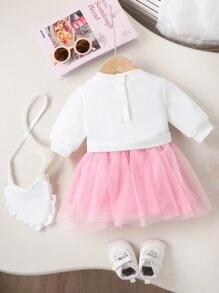 SHEIN Playful Pals 女婴可爱甜美网眼撞色心形装饰连衣裙，适合春秋季节 - 白色 - 查看 2