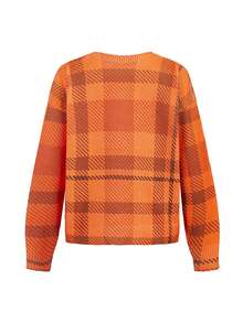 Debiesn Artist Plaid Pattern Loose Fit Crew Neck Knit Orange Sweater, Suitable For Autumn/Winter, Holiday, New Year, Thanksgiving, Vacation, Festival, Ibiza Fits - Orange - View 2