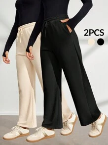 SHEIN Sports Women Solid Color Drawstring Pocket Straight Leg Outdoor Sports Pants