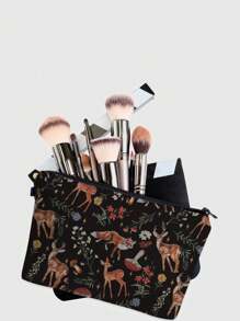 ROMWE Fairycore Floral Design No. 1103452 Deer, Fox, Mushroom Pattern Polyester Zipper Cosmetic Bag, Women Travel Toiletry Bag, Holiday Gift