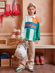 SHEIN Explorewe 2pcs Tween Boys American College Style Casual Contrast Stripe Polo Shirt Long Sleeve & Sweatpants Set, Suitable For Spring, Autumn And Winter - Multicolor - View 3