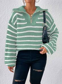 Flirla Women Casual Dropped Shoulder Striped Long Sleeve Pullover Sweater, Autumn/Winter