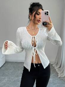 Calvaya Camiseta de manga larga, elegante, de ajuste slim, en unicolor con lazo estilo francés para mujer