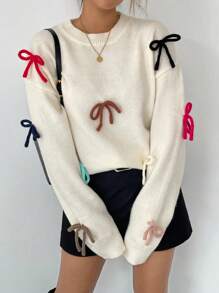 Chiquease Suéter Casual Feminino com Bloco de Cores e Laço Fofo, Outono/Inverno