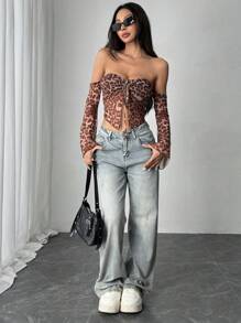 INAWLY 1pc Women Retro Leopard Print Flared Sleeve Blouse