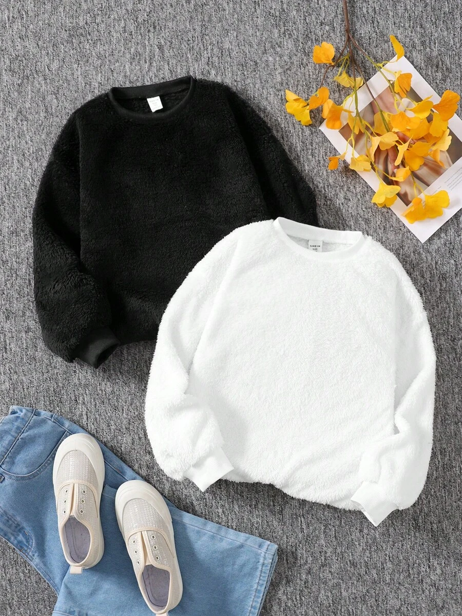 Tween Girl Drop Shoulder Round Neck Pullover Sweatshirt Set, 2pieces/Pack, For Casual Daily Wear Chic Autumn/Winter - Black and White - View 1