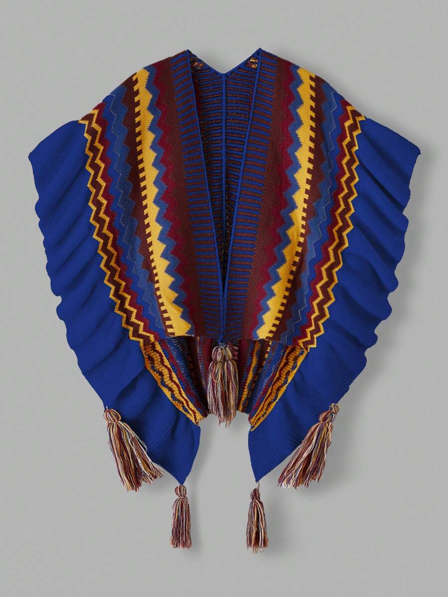Flirla Bohemian Wrap Ruffle Trim Plus Size Knit Cardigan - Blue - View 1