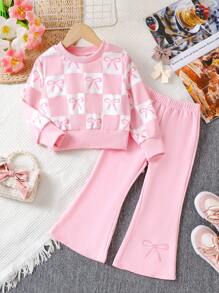 2pcs/Set Young Girl Casual Minimalist Pink Bow Decor Cute Style Outfit