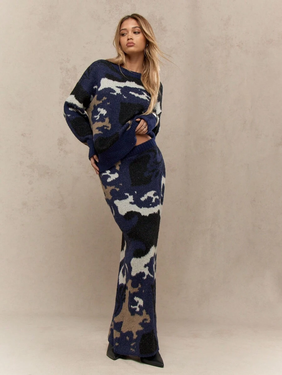 MISSGUIDED Chunky Knit Camouflage Pattern Two Piece Co-Ord Sweater Skirt Set Winter Fall Long Sleeve Maxi Length Fashion Outfit - Multicolor - View 1