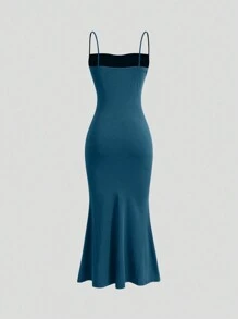 Sweetra Elegant Solid Color Fishtail Ruched Bodycon Slip Dress - Teal Blue - View 2