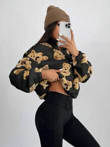 SHEIN EZwear 1pc Women Cartoon Plush Half Zip Crop Sweatshirt