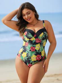 Swim Lushoire Traje de baño de una sola pieza con estampado floral y aros para tallas grandes, que realza el busto para el verano