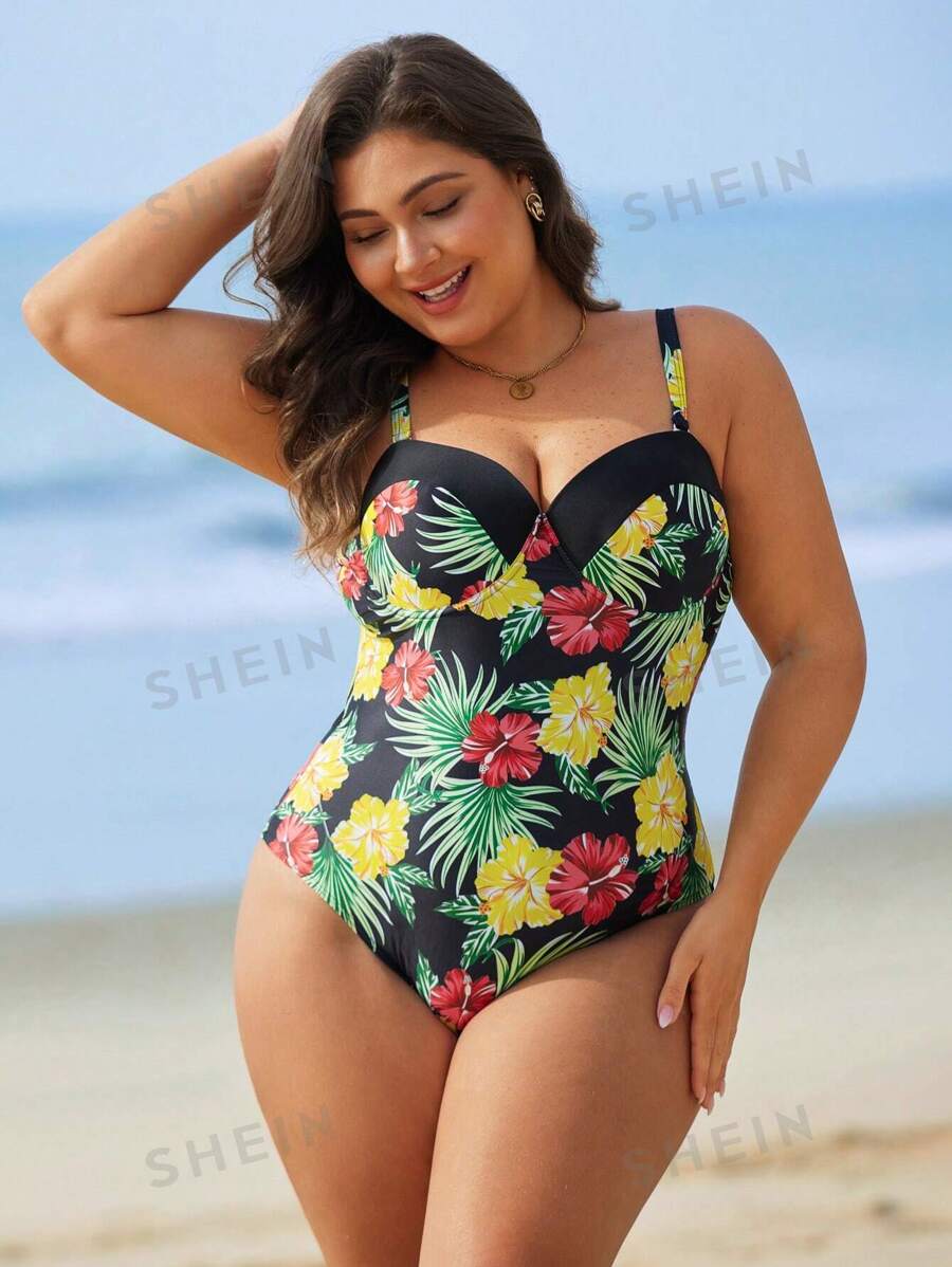 Swim Lushoire Traje de baño de una sola pieza con estampado floral y aros para tallas grandes, que realza el busto para el verano