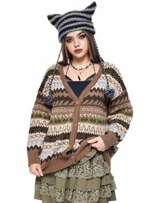 ROMWE Fairycore Áo len cardigan dệt kim Jacquard cổ tích rừng cổ điển dành cho nữ - Nhiều màu - Xem 4