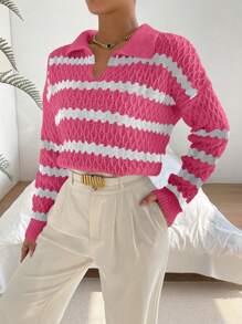 SHEIN Unity Casual Daily Contrast Color Striped Drop Shoulder Sweater, Suitable For Autumn/Winter Knit Pullover Fall - Coral Pink - View 3