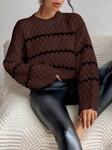 Chiquease Áo len nữ dài tay cổ tròn kẻ sọc, vai rớt, dáng rộng, thích hợp mặc mùa thu/đông. - Cà phê nâu - Xem 3