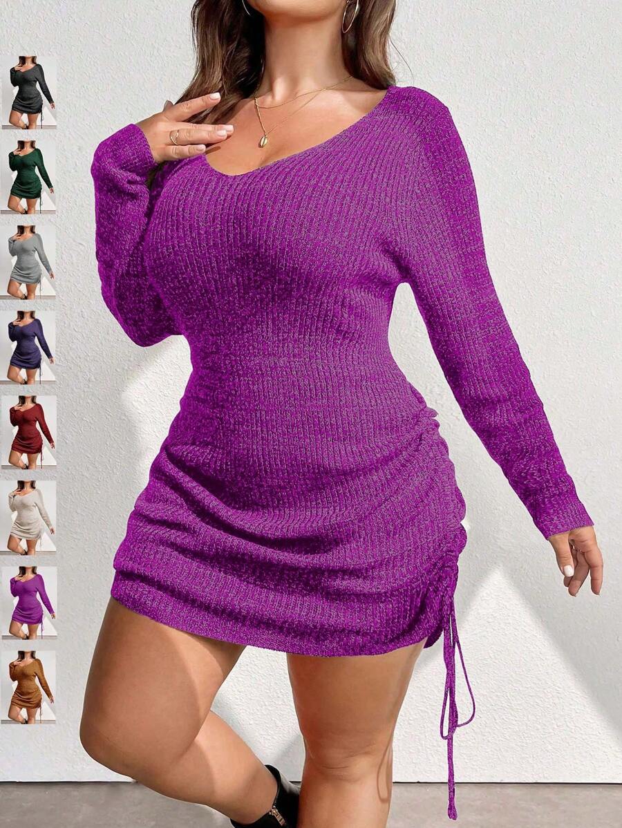 Celure Vestido jersey de manga larga con cuello en V, plisado, cordón de ajuste y unicolor, para tallas grandes, para invierno