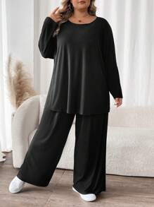 SHEIN CURVE+ Curve Plus Size Women 2Pcs Outfit: Batwing Sleeve Solid Color T-Shirt And Pants, Comfortable Casual  For Autumn/Winter