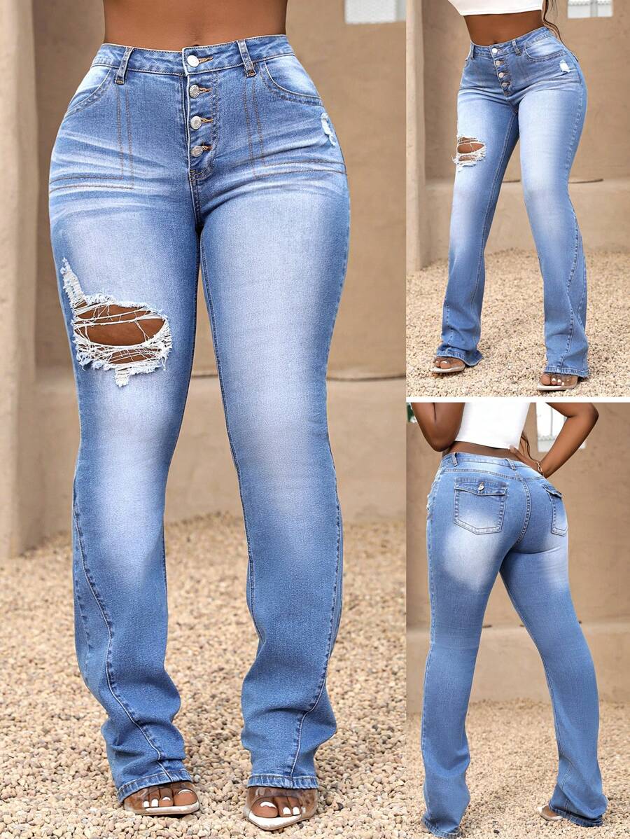 SHEIN Slayr Women's Mid-Waist Ripped Button Flared Leg Jeans - Medium Wash - View 1