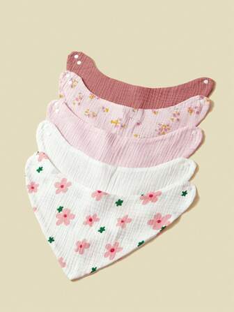 5pcs Baby Girls Floral Bibs, 100% Cotton Gauze Triangle Drool Bibs