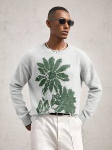 AKNOTIC Business Casual Men Loose Fit Dropped Shoulder Crew Neck Pullover Sweater, Casual Floral Intarsia Knitted Long Sleeve, Soft Fuzzy Fleece, Suitable For Autumn/Winter, Gray Color Blocking